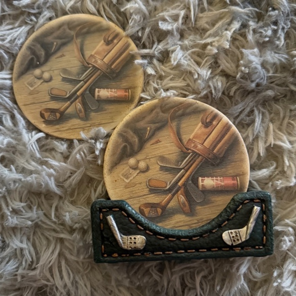 Set of 4 Golf Club Theme Ceramic Coasters With Holder Used